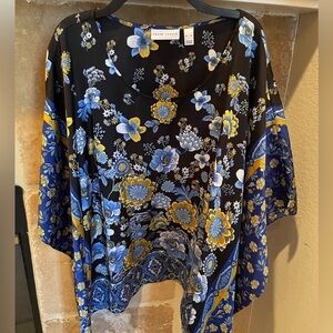 Susan Graver Made In Italy blue gold floral geometric asymmetrical ruana cape XL